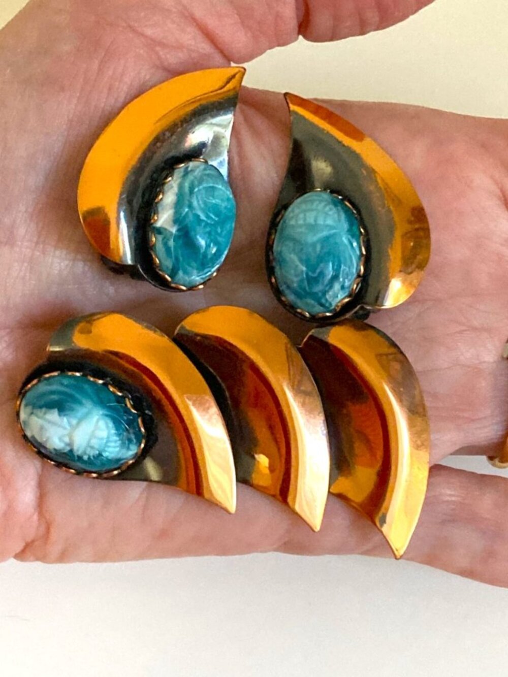Vintage copper scarab brooch & earrings